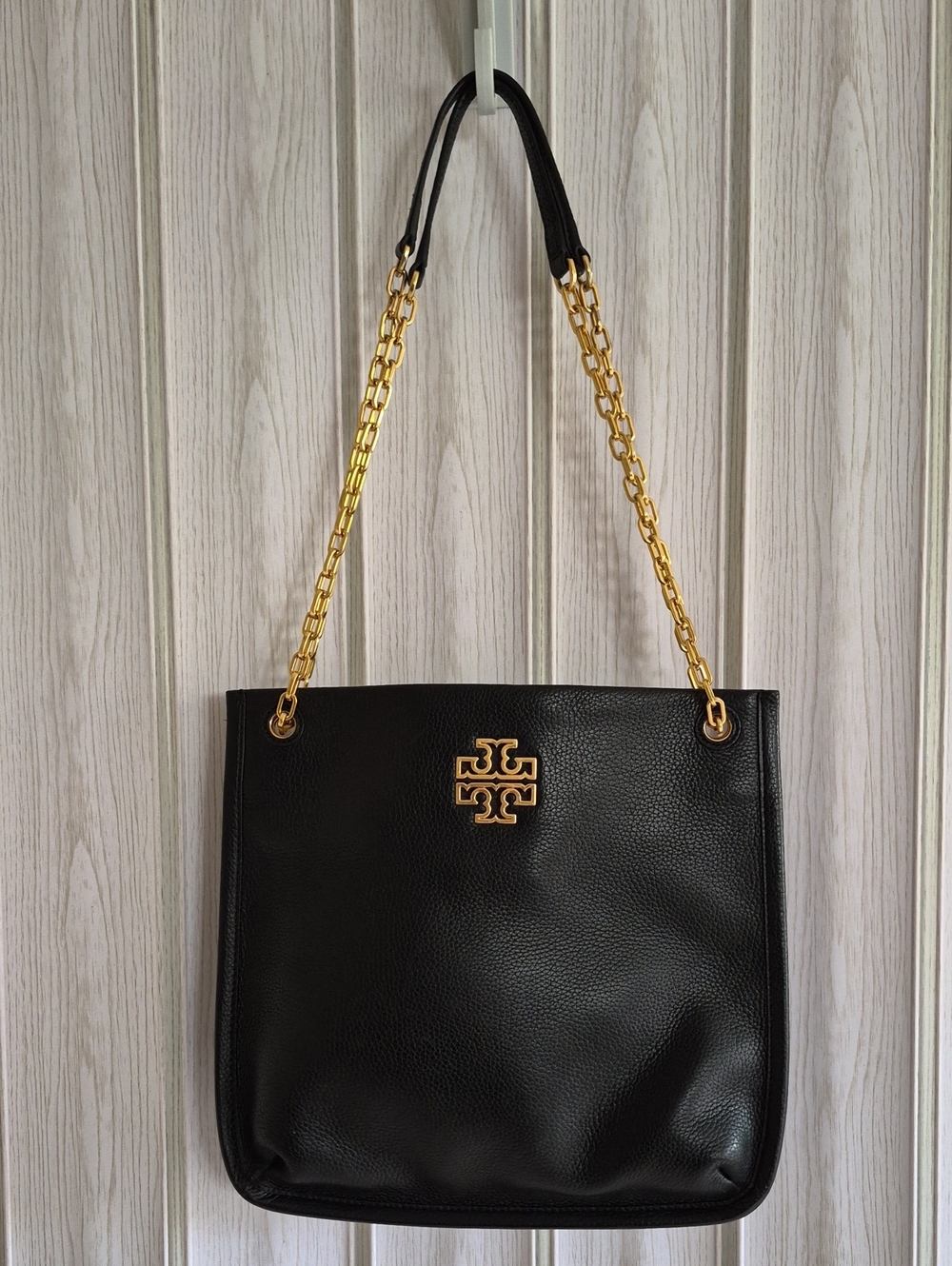 Tory Burch Black Leather Tote with Gold Chain Straps